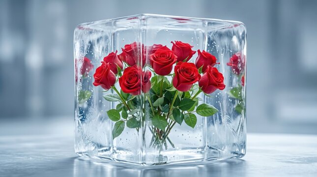 Red roses frozen inside ice cube display with green leaves and chilly blue backdrop.