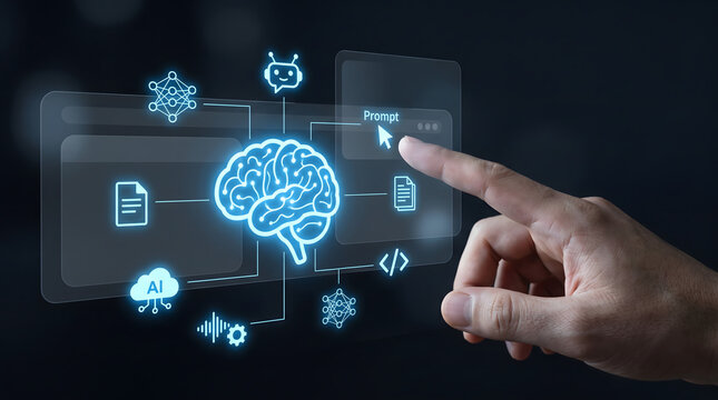 Advanced artificial intelligence language model interface featuring glowing AI brain with connected digital technology icons