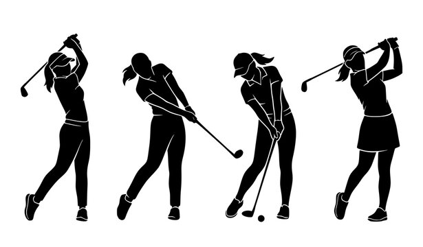Female Golf Player Swing Silhouette Icon Set Vector