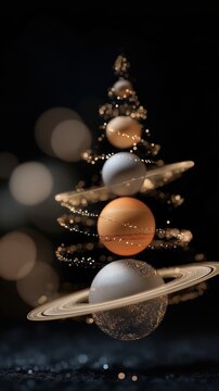 Christmas tree made of stacked golden ornaments on a dark background. Modern festive design, luxury celebration, Christmas.
