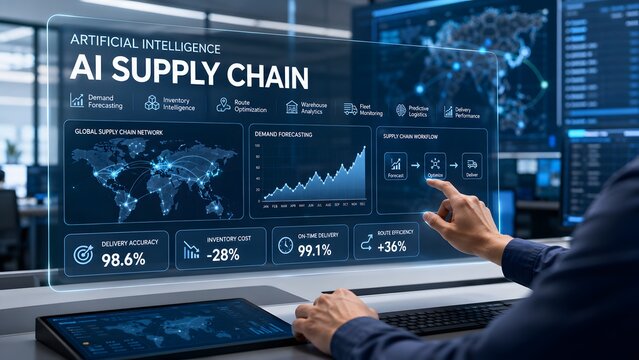 Business professional using digital interface for artificial intelligence supply chain management and global logistics data analysis