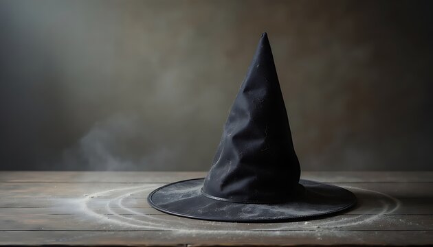 Mysterious black witchs hat pointed and wrinkled resting on a rustic wooden table with magical dust ideal for Halloween and fantasy themes