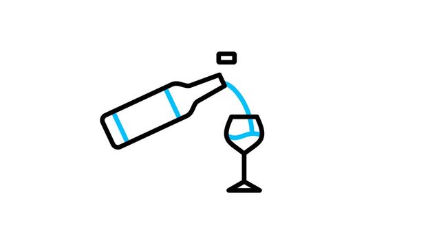 Animated pouring wine beverage icon. Glass and bottle drink animation for bar menu. Alcohol, winery, liquor, cocktail, martini, rum, and vodka drink motion graphics video with alpha channel