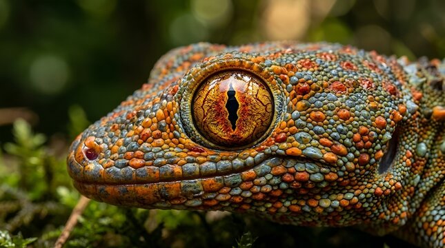 Close-up of a tokay gecko's colorful patterned head with its large eye