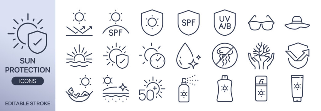 Sunscreen vector line icon set. It includes sun protection, spray, sunblock cream, UV light, summer travel, and more icons. Editable Vector Stroke.