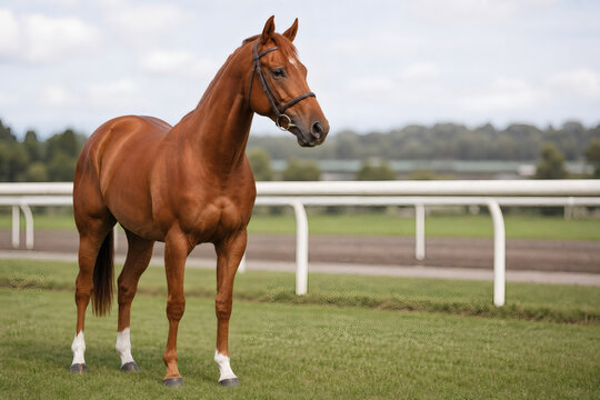 Chestnut racehorse standing beside a racetrack