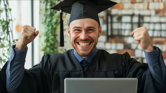 Happy graduate celebrating with laptop and diploma