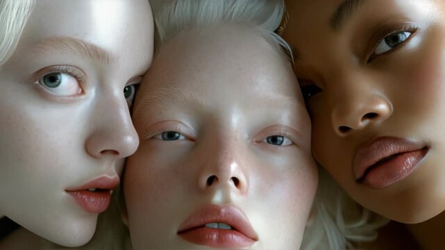 Close-up collage of three different ethnicities' female faces.