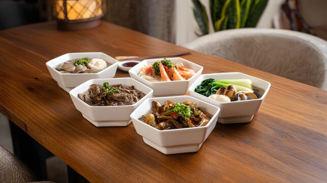 Multiple bowls of Sichuan malatang spicy hot pot on wooden table.