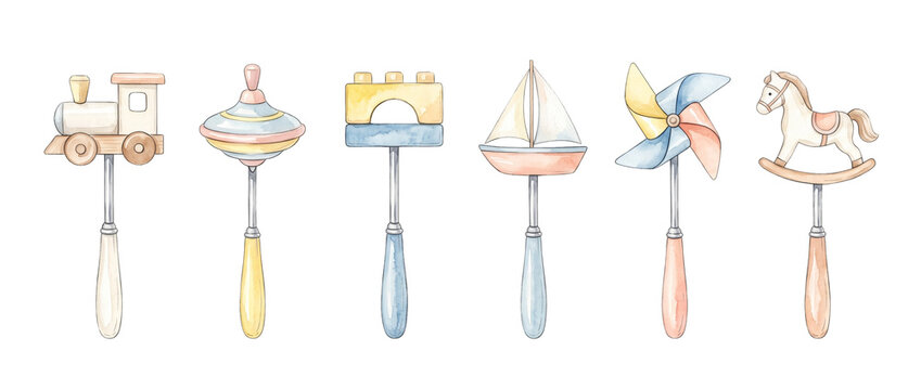 Baby rattle wooden toy watercolor set featuring vintage infant rattles with train, rocking horse, pinwheel, and sailboat designs isolated on white background for nursery decor and baby shower clip art