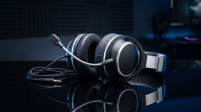 A premium unbranded black and silver gaming headset is perfectly framed against a sleek, dark glass background illuminated by subtle blue ambient light.