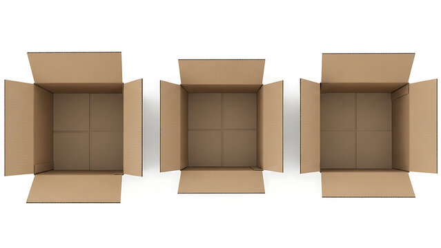 Three open cardboard boxes on white background for moving or storage needs