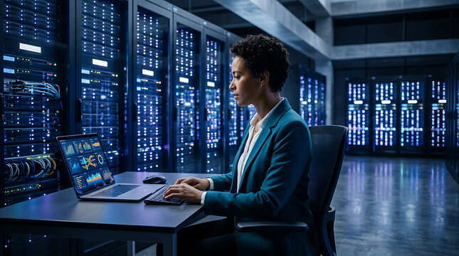 It expert working on computer security in high tech data center with computer security technology infrastructure database maintenance internet