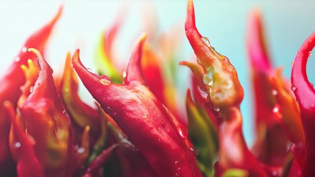 A close-up of red hot peppers in the kitchen with water droplets on them.