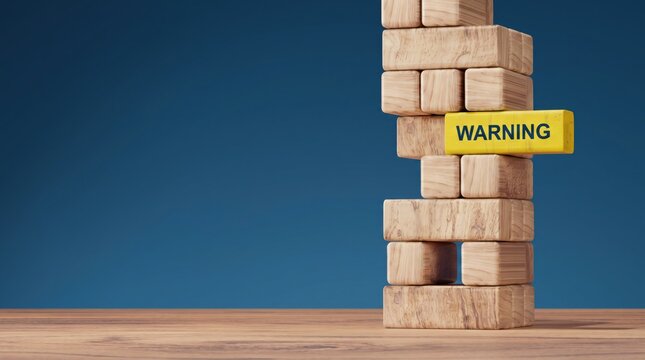 Yellow warning block inserted into unstable wooden Jenga tower against blue, symbolizing risk management, business caution, structural instability or impending crisis in projects