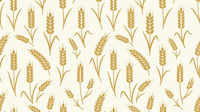 Golden wheat pattern on cream background, seamless cereal grain ears illustration for bakery packaging, rustic organic wheat stalks repeat texture for bread and flour branding design