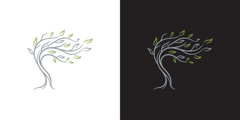 Obraz premium Minimalist stylized tree logo with green leaves blowing in the wind, vector illustration on white and black backgrounds