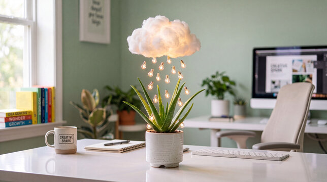 A potted aloe plant sits on a white desk while a small illuminated cloud floats above it, raining miniature glowing light bulbs in an office setting.