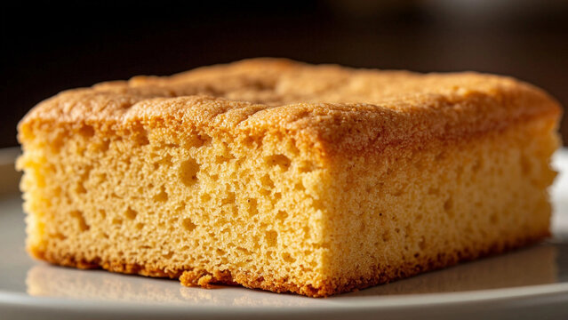 Fresh Fluffy Rectangular Sponge Cake Slice &ndash; Soft Golden Biscuit for Bakery Menu, Dessert Photography or Cake Decorating Content