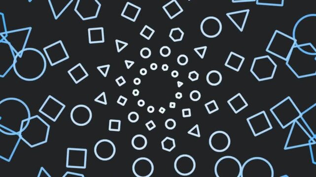 Blue glowing geometric shapes rotating in radial kaleidoscope pattern