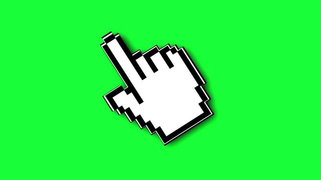 Pixelated hand cursor icon isolated on a bright green background