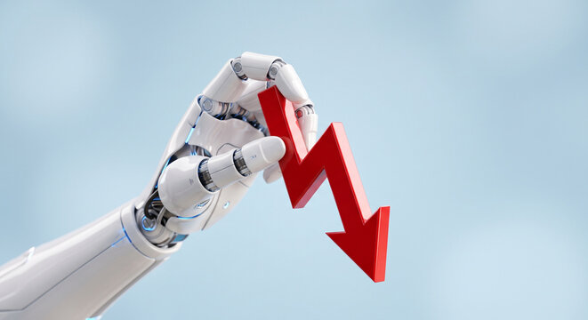 White robotic hand holding a downward red arrow against a light blue background, symbolizing economic decline.