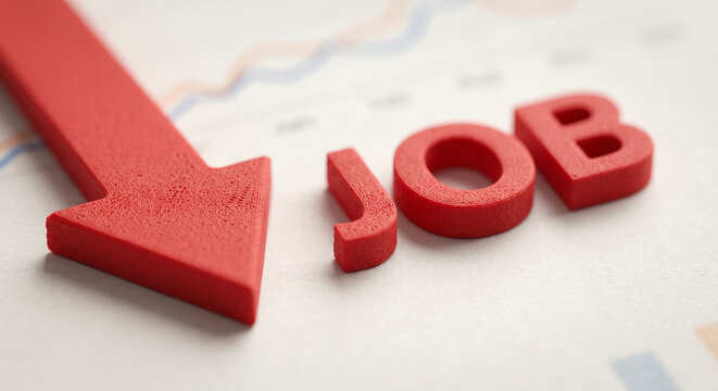 Red downward arrow next to 3D job text on financial chart background, symbolizing unemployment and economic recession.