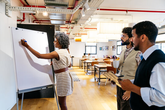 Woman writing on a whiteboard while male colleagues observe in a modern coworking office space. Creative business people discussing ideas