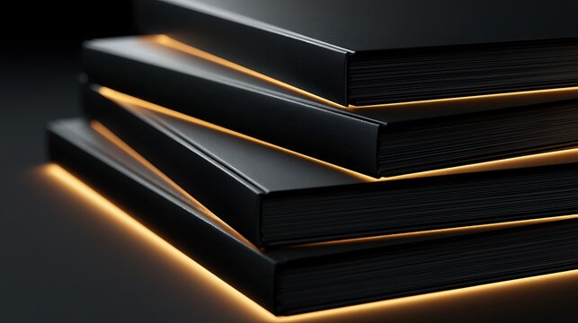 stack of black books with orange glowing edges