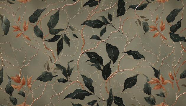 luxury earthy wallpaper background with green leaf and copper colored branch