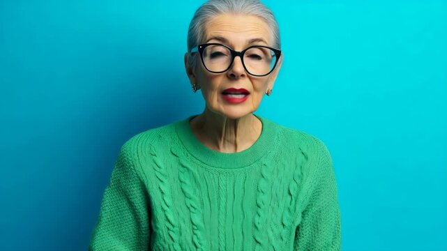 An elderly woman wearing glasses and a green sweater is d in mid-speech against a blue background.