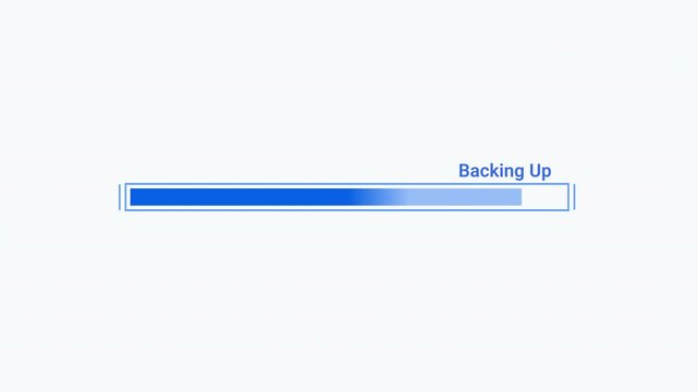 Flat vector animated backup progress bar with loading indicator and status text. Ideal for software interfaces, data backup, cloud storage, and technology motion graphics.