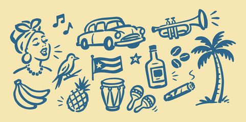Fototapeta premium Cuba Culture Doodle Vector Set Illustration