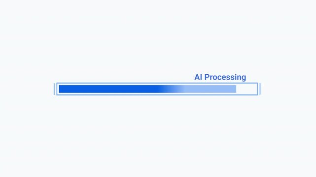 Flat vector animated AI processing progress bar with loading indicator and status text. Ideal for artificial intelligence interfaces, software applications, and technology motion graphics.