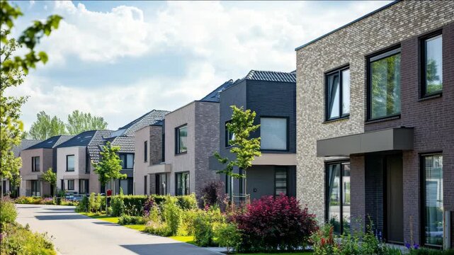 A row of contemporary houses with brick facades and white trim under clear skies.