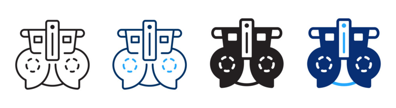 Phoropter icon showing an optometry device used for eye exams and vision testing, vector illustration in four styles: outline, line, glyph, duotone.