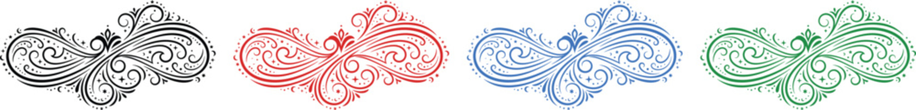 Set of elegant floral swirl designs in various colors, decorative graphic elements for projects.