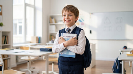 Fototapeta premium Young boy smiling while holding math books in classroom for back to school 