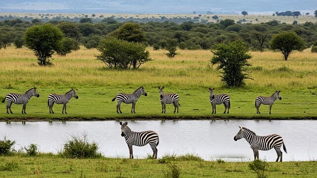 A serene scene of zebras near a river in a lush green landscape.