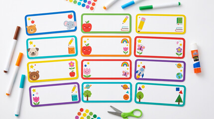 Obraz premium Colorful name tags with fun illustrations for back to school concept 