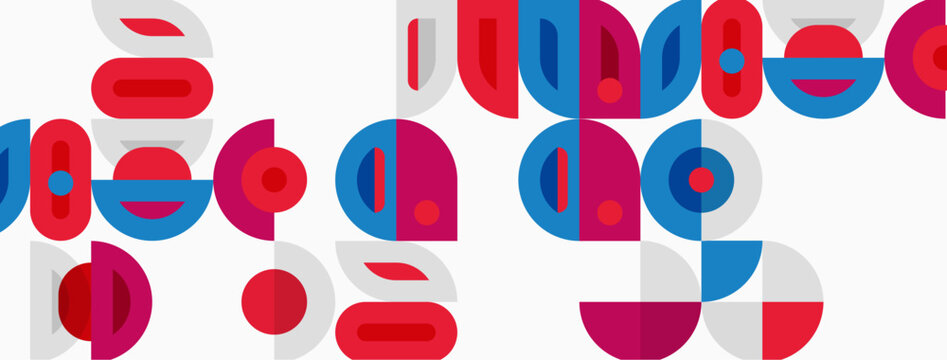 Abstract pattern features overlapping circles, red, blue, white hues. Minimalist design creates playful visual texture.
