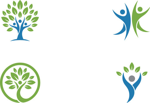 Healthy life logos set with human figures and green tree elements representing wellness vitality growth community isolated vector