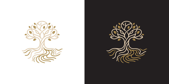 Elegant Gold Line Art Tree of Life Symbol with Intricate Roots for Growth and Wellness Logo Design