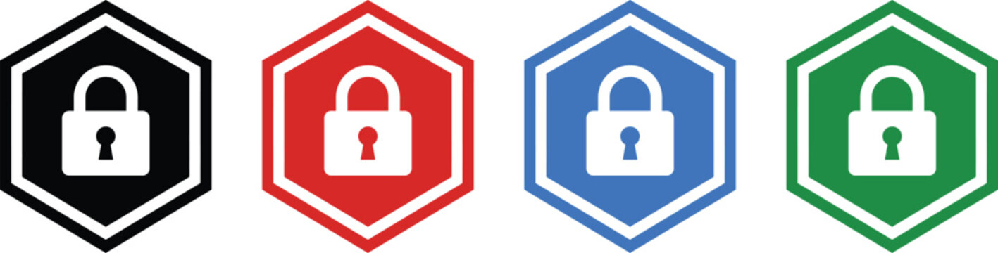 Set of four hexagon lock icons in various colors with keyhole and padlock symbols.