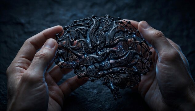 Hands holding a tangled neural brain network, symbolizing neuroplasticity, adaptation, learning, and cognitive recovery.
