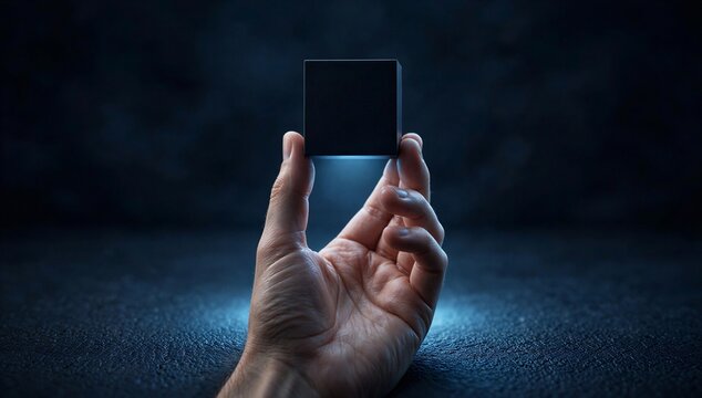 Hand holding a small square object in darkness, symbolizing self efficacy, confidence, inner control, and belief in personal ability to achieve goals.