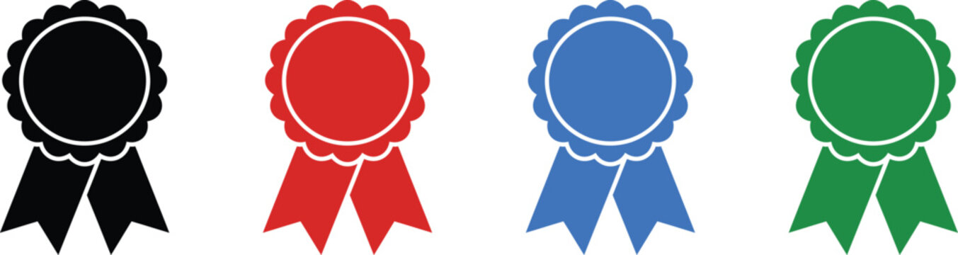 Set of four award ribbon rosettes in various colors with metallic accents.