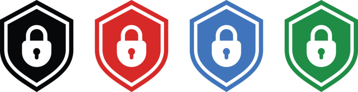 Set of four shield lock icons in various colors security symbols with keyhole padlock.