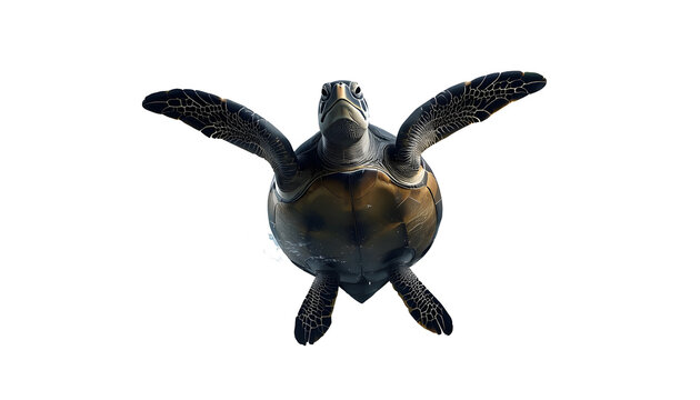 Majestic sea turtle swimming elegantly toward the surface with its patterned fins spread wide in a calm and graceful motion captured against a clean white background in sharp high detail