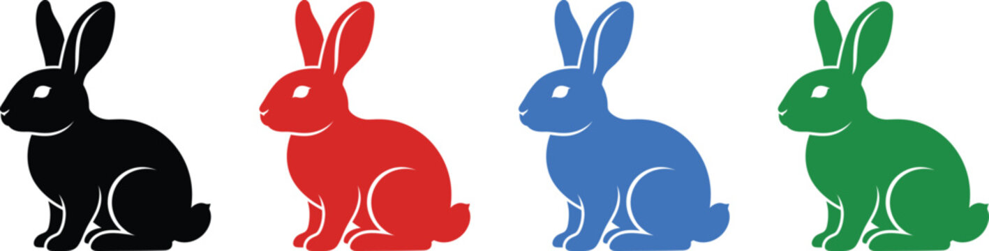 Set of four rabbit icons in black, red, blue, and green colors on transparent background.
